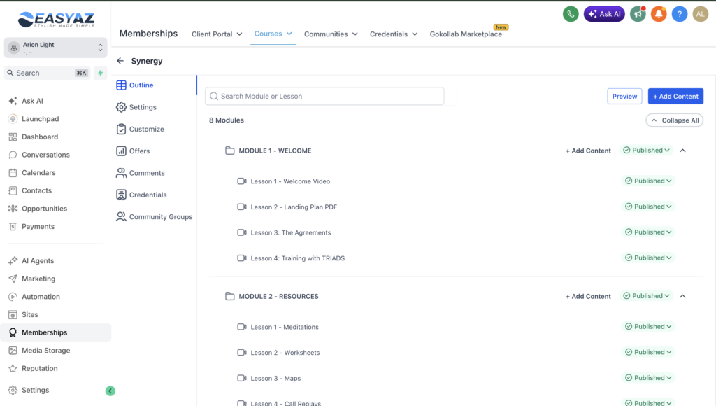 A client portal and course area set up in GoHighLevel for a wellness business