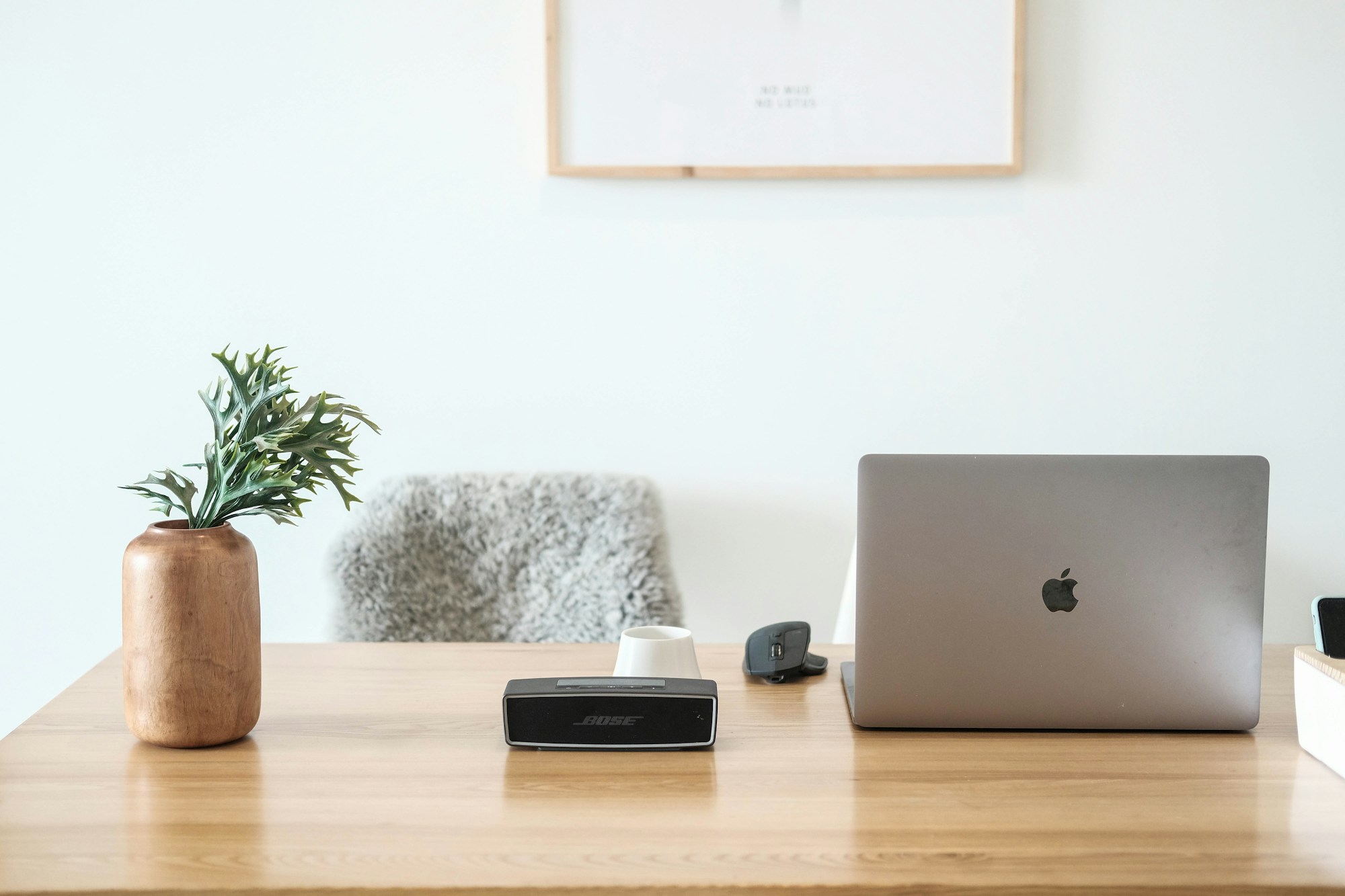 Laptop on a brown wooden table with plants